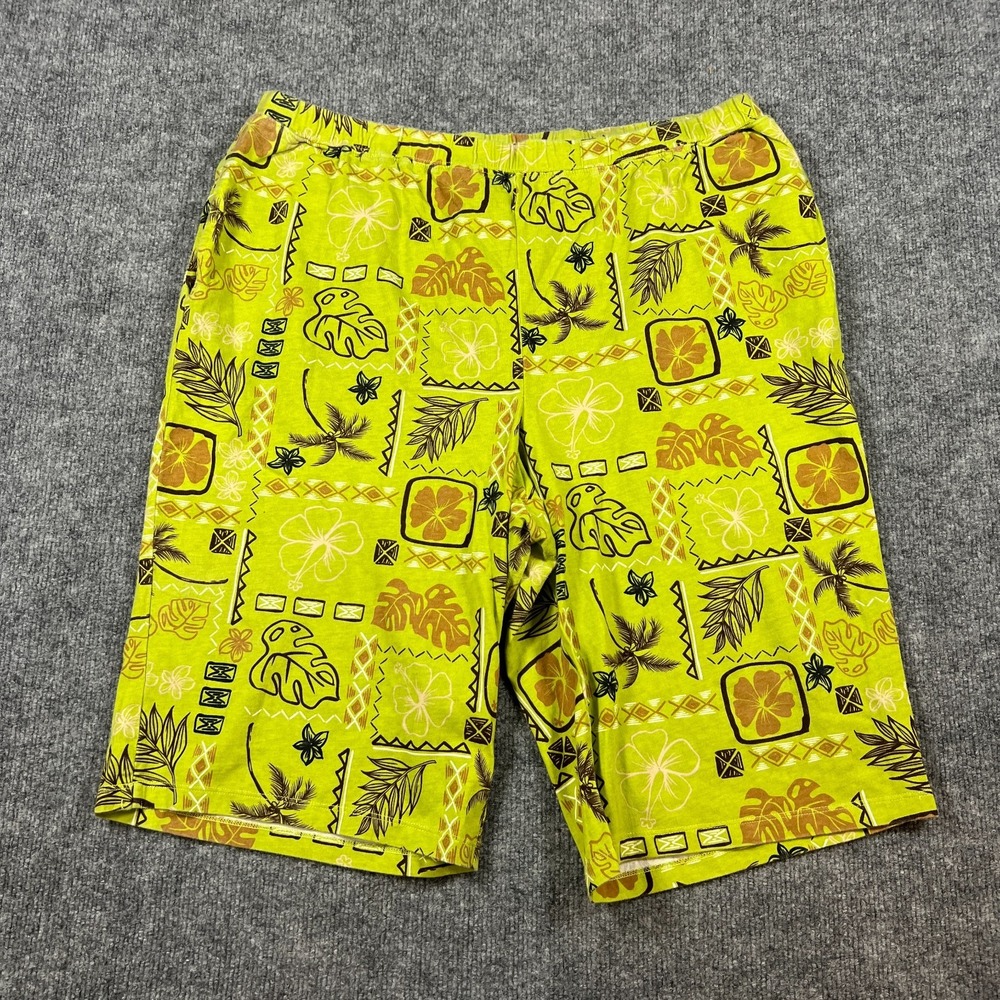 Liz & Me Shorts Women 1X Green Cotton Tropical Print High Rise Elastic Waistband